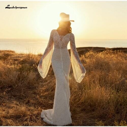 Lashmigown Vintage Lace Puff Sleeve Backless Dress Women Boho Mermaid Wedding Gowns 2021 Vestito da Donna Sexy Bridal Dresses