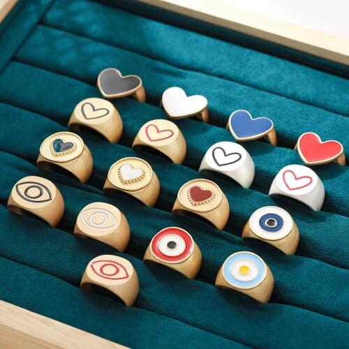 Vintage Matte Gold Heart Colorful Enamel Rings for Women 2021 Ins Sweet Round Eye Stacking Finger Rings Wedding Jewelry Gifts