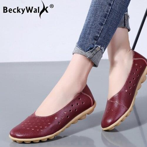 Spring Women Genuine Leather Flats Shoes Women Sneakers Cutouts Slip On Loafers Moccasins Shoes Woman Large Size 43 44 WSH3577