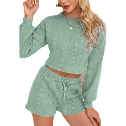 Womens Knit Sweater Shorts Two Pieces Suits Woman ONeck Long Sleeve Crop Top Lace Up Drawstring Casual Homewear Ladies 2021New