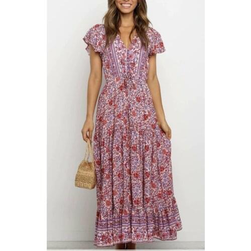 Happie Queens women floral print short sleeve tassel pleated Bohemian maxi dresses Ladies v-neck rayon Boho happie dress