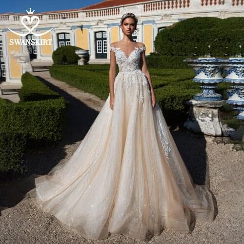 Sweetheart Beaded Princess Wedding Dress Off Shoulder Appliques Lace A-Line SWANSKIRT I182 Bridal Gown Illusion Vestido De Noiva
