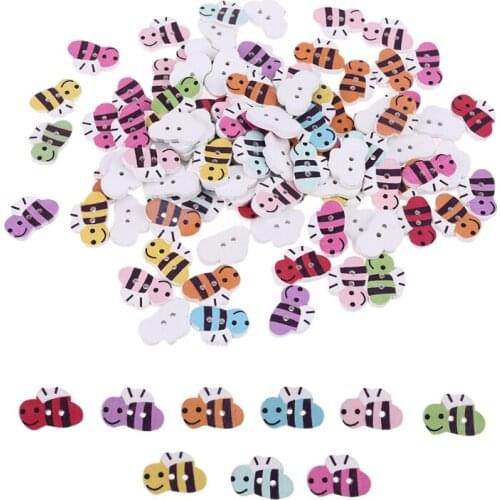 100 Pcs Cartoon Colorful Bee Buttons 2 Holes Printed Wooden Buttons for Crafting Sewing Card Making Scrapbooking 85DA
