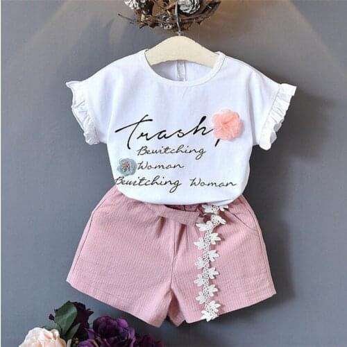 Summer Fashion Kids Girls Clothes 2PCS Baby Outfits Short Sleeve Casual Tracksuits Floral Letter Children Clothing Cotton A380