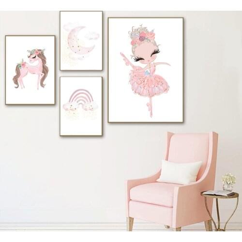Ballet Girl Canvas Print Nursery Wall Art Painting Moon Rainbow Prints Unicorn Posters Nordic Wall Poster Baby Room Decoration