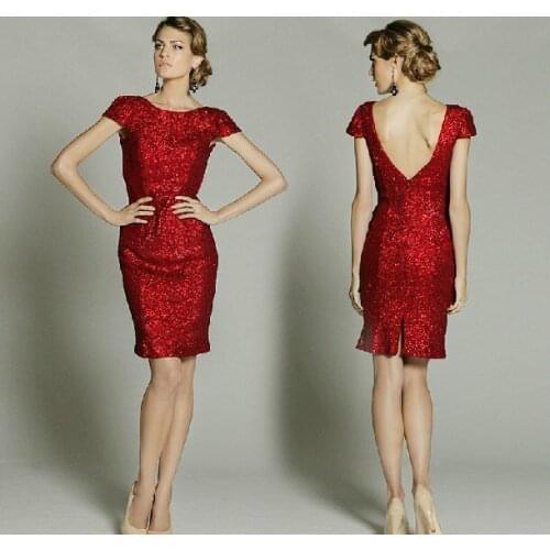 Free shipping dinner 2018 New fashion cap sleeves Party Prom Gown sequins vestidos formales custom short red bridesmaid Dresses