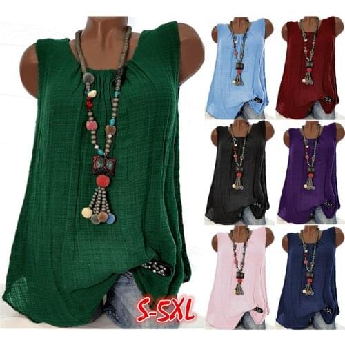Plus Size Vintage Linen Cotton Baggy Blouse Shirts Women Tops Summer O Neck Sleeveless Ladies Loose Blusas 7 colors S-5XL
