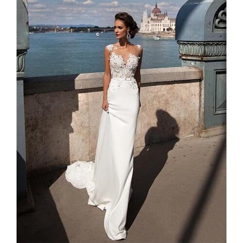 Boho Meerjungfrau Hochzeit Kleid 2019 Durchsichtig Neck Appliques Chiffon Braut Kleid Lange Zug Sexy Hochzeit Kleid Für Frauen