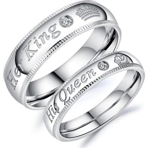 BONISKISS 2020 Fashion Stainless Steel Couple Rings For Women Men Her King and His Queen Crystal Wedding Rings Couple Jewelry