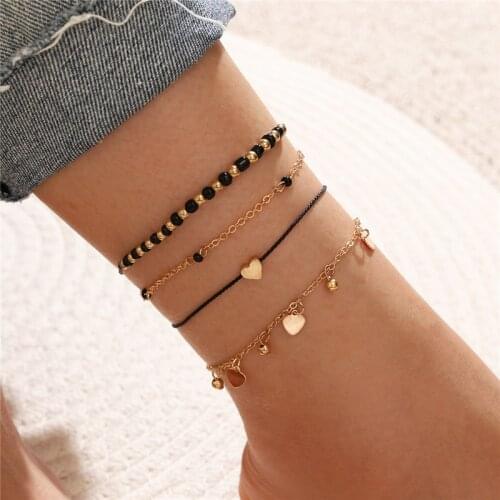 Modyle Punk Vintage Black Gold Color Beads Heart Anklets for Women Beach Charm Boho Accessories Leg Foot Jewelry