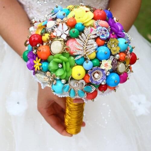 DIY brooch bouquet multicolor Bride Bridal Wedding Bouquet Pearl diamond gem Customizable diamond Bohemian style bouquets