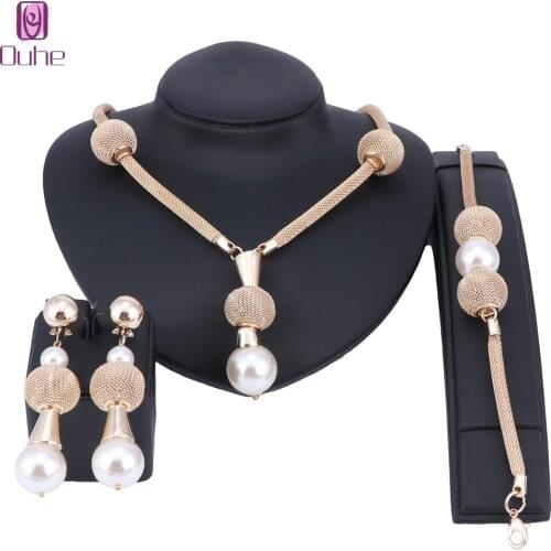 Dubai Imitation Pearl Jewelry Set Simulated Pearl Gold Color Women Earrings Necklace Bracelet Sets For Women Wedding Party Gift