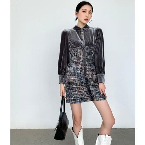 Elegant Temperament Mini Dress 2021 New Womens Velvet Stitching Tweed Fshion Chic Ladies Vestido de mujer