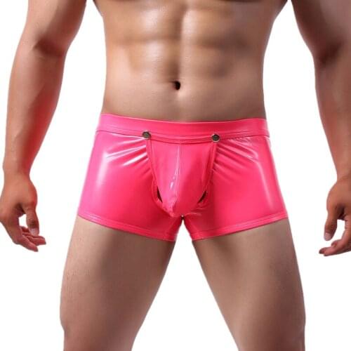 Faux Leather Underwear Mens Sexy Wet Look Underpants Removable Bulge Pouch Boxer Shorts Gay Shiny Boxershorts Trunks Clubwear