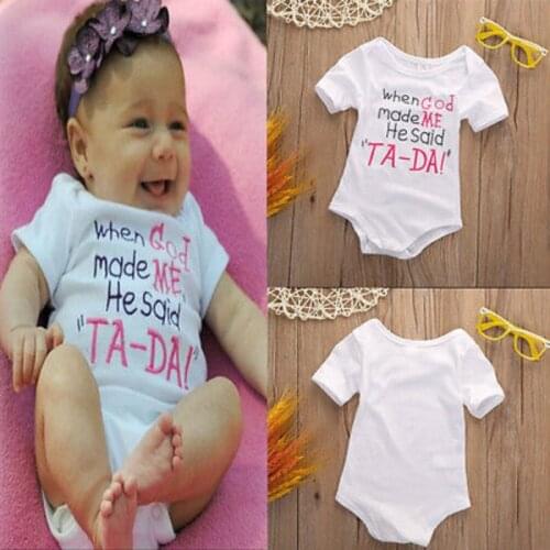 Newborn Baby Boys Girl Short Sleeve Rompers Toddler Letter When God Made Me He Said TA-DA Print Infant Jumpsuit Playsuit Outfits