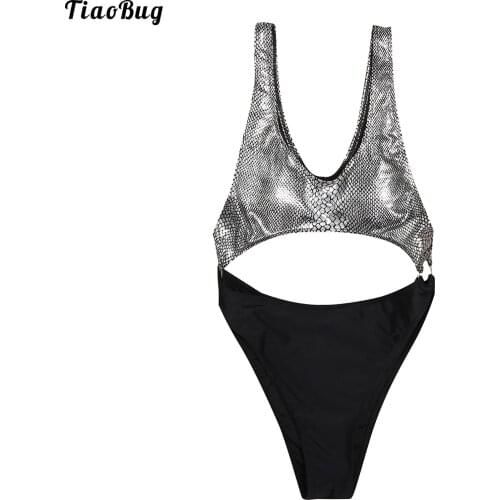 TiaoBug Summer Women O-Ring Patchwork Snakeskin Printed Bodysuit Swimsuit Scoop Neck Sleeveless Cutout Leotard Monokini Swimwear
