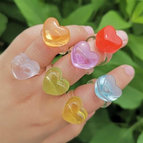 Cute Harajuku Y2k Candy Color Jelly Peach Heart Rings for Women Vintage 90s Jewelry Simple Transparent Resin Rings Lucky Gifts