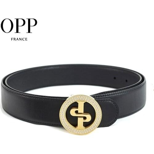 OPP Mens Belts Fashion Rhinestone Business Casual Belt Leather Metal Needle Round Gold Buckle Mens Black Belts
