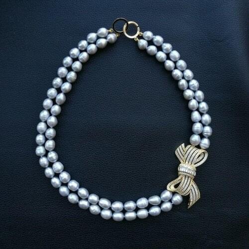 19"-20" 2 Strands Cultured Grey Rice Pearl choker Necklace cubic zirconia Pave bowknot gold color plated connector