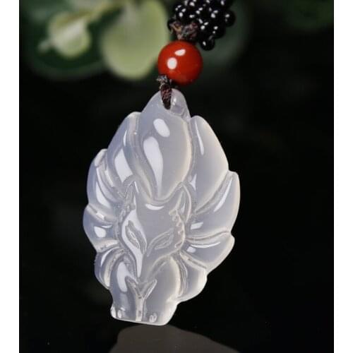 Natural Agate Chalcedony Nine Tailed Fox Pendant Necklace Jewellery Fashion Accessories Hand-Carved Luck Amulet Sweater Chain