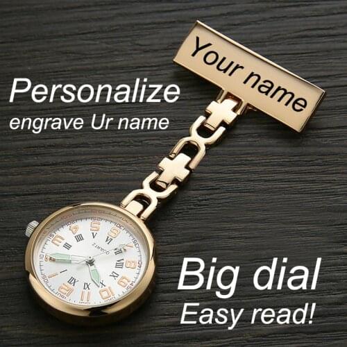 Personalized Customized FREE Name Engraved Rose Gold Pin Brooch BIG Dial Luminescent TOP QUALITY Lapel Midwife Nurse Fob Watch