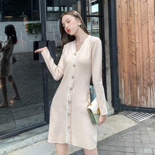 Autumn Winter High Quality V-Neck Sweater Dress Women Single Breasted Decoration Knitted Dress Female Knitwear Soft Vestidos