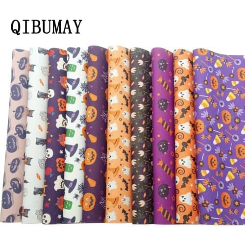 QIBUMAY Halloween Vinyl Fabric PU Leather Sheets DIY Bow Material Printed Faux Leather Fabric for Bows 22*30cm Synthetic Leather