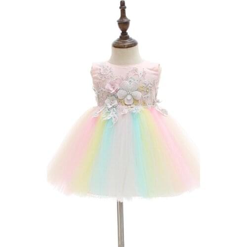 Rainbow Floral Dress Baby Girl Birthday Pink Weddings Vestido Christmas Gowns 0-24Month Baby Clothes OBF204008