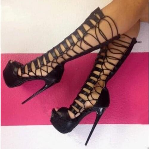 Sexy cut-outs platform gladiator sandals black/red/nude leather back zipper peep toe super high heels sandal platform boots