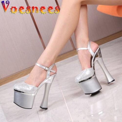 Voesnees Sandals Bride Sequined Thin High Heels 18CM Platform Women Sandals Sexy Peep Toeless Dress Birthday Present Shoes