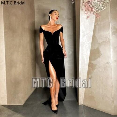 Sexy Black Prom Dresses Long Velvet Party Gowns For Arabic Women Off The Shoulder Side Slit Mermaid Formal Evening Dress