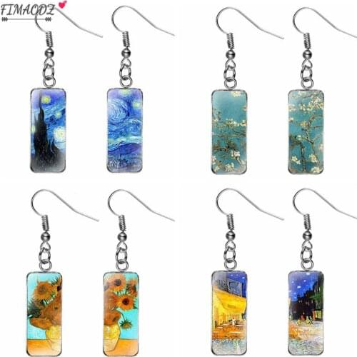 FIMAODZ Starry Night Van Gogh Earrings for Women Sunflower Blossom Art Oil Painting Retro Glass Dangle Earring Gift Jewelry