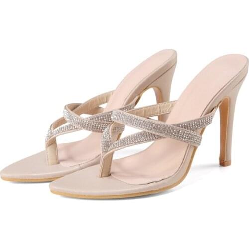 Crystal Narrow Band Women Slippers Ladies Thin High Heels Sandals Clip-toe Slip On Summer Outdoor Slides Flip Flop Women Shoes42