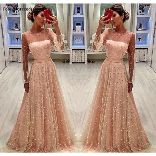 Long Sleeves Peach Pink Evening Dresses A Line Formal Women Holiday Wear Celebrity Party Gowns Plus Size Custom Made