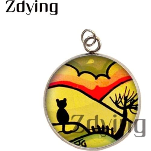 Zdying Vintage Black Cat Silhouette Stainless Steel Pendants Glass Cabochon Picture Dome Necklace Charm Jewelry Accessories C018