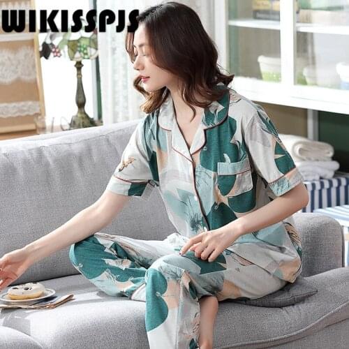 WIKISSPJS 2021 NEW Summer Cotton Short Sleeve Comfortable Sleepwear Lounge Wear Two Piece Set Summer Kawaii Pajama Plus Size