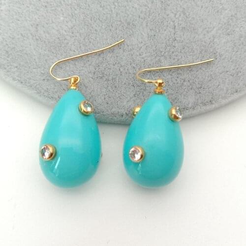 YYGEM Blue Teardrop Sea Shell Pearl Cubic Zirconia Pave hook Earrings cute dangle Hook earrings Fashion Women Trendy