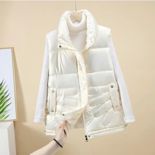Stand Collar Womans Glossy Jacket Vest Casual Loose Zipper Sleeveless Ladies Waistcoat Female Solid Cotton Padded Vests Outwear