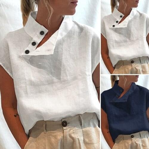 Taytayvola NEW 2021 Stylish Tops Plus Size Women Short Sleeve Summer Blouses Buttons Solid Cotton Tops Casual Loose Blusas