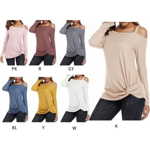Womens Cold Shoulder Long Sleeve Shirt Casual Loose Waffle Twist Knot Tunic Tops