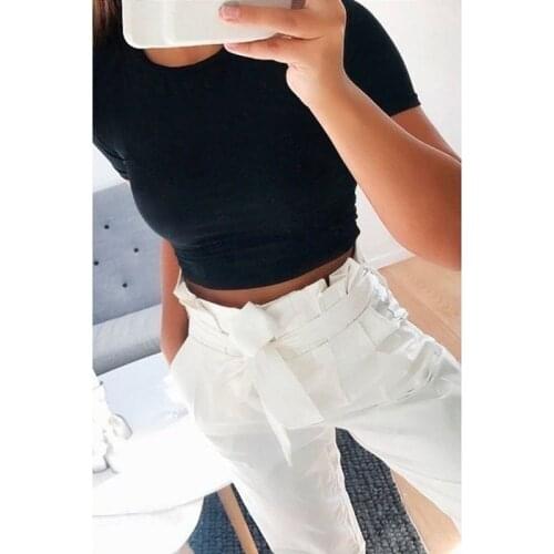 Women T-shirts Short Sleeves Round Neck Slim Fit Casual Pullover Crop Tops Black White Gray Pink Tees Summer 2021