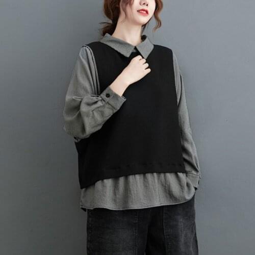 Oversized Women Casual Blouses Shirts New 2020 Autumn Korean Simple Style Vintage Patchwork Color Female Cotton Linen Tops S2329
