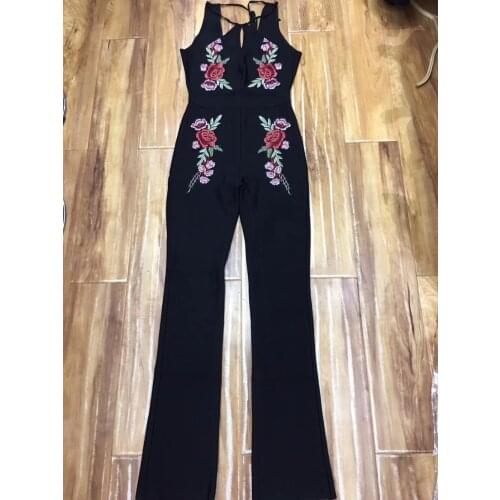 Women Sexy Fashion Bandage Jumpsuit Floral Details Black Evening Party Bodycon Long Jumpsuits Wholesale Dropship