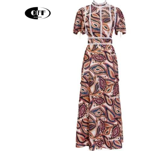 Designer Runway Midi-long dresses for women summer lace up short sleeve elegant vintage printed party ladies dress vestidos robe