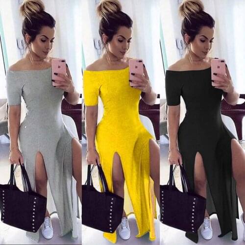 NEW Women Slash Neck Double Slit Cotton Maxi Dress Vestido Manga Longa Sexy Off Shoulder Short Sleeve Backless Long Club Dresses