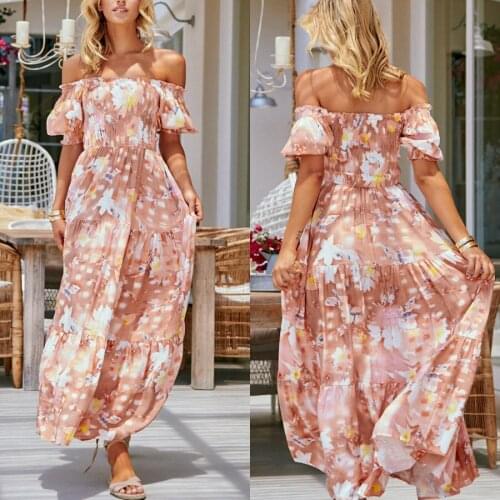 Women Summer Sexy Off Shoulder Dress Floral Print Casual Loose Maxi Dresses