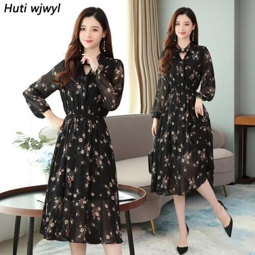 2021 Femal Vintage Black Floral Chiffon Midi Dresses Autumn Winter Print Long Sleeve Dress Elegant Women Bodycon Party Vestidos