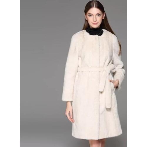 2017 Brand luxury women natural mink fur jacket long style with sashes elegant lady high quality Imported winter fur coat