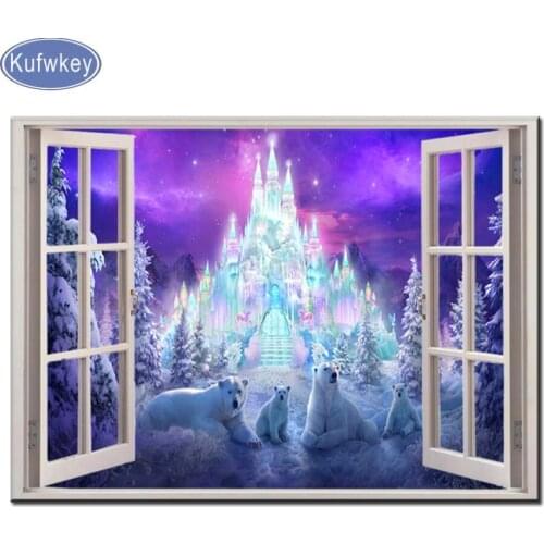 KUFWKEY Diamond Embroidery window castle bear landscape Cross Stitch Diamond Painting sale Square round Diamond Art