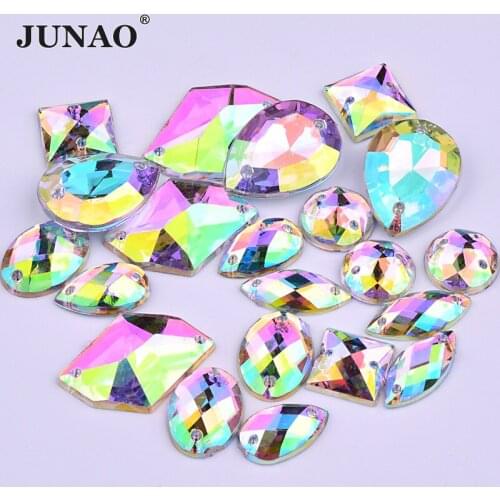 JUNAO Mix Size Shape Sew On AB Rhinestones Applique Acrylic Strass Diamond Sewing Flat Back Crystal Stones for DIY Wedding Dress